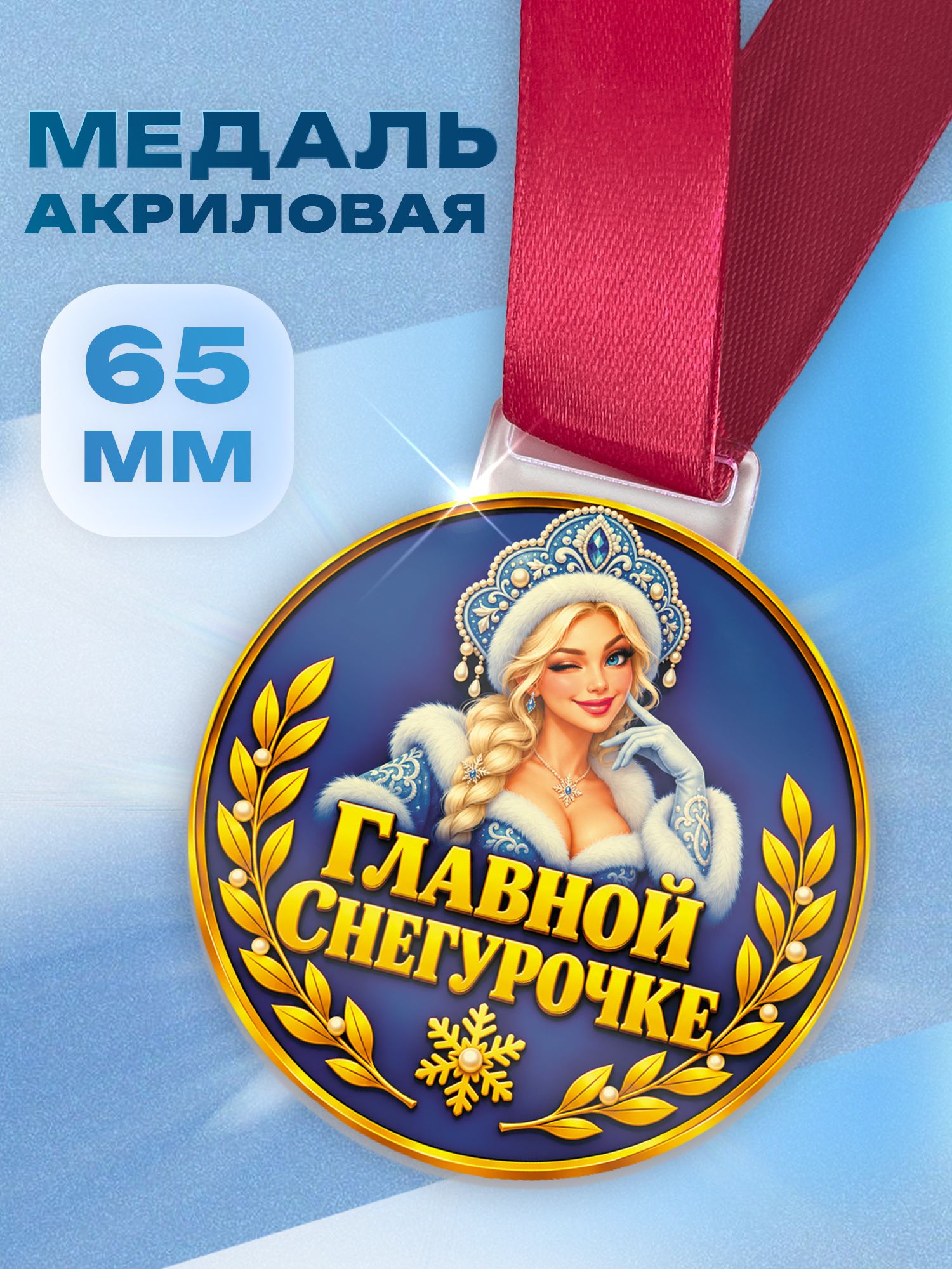 Медаль акриловая Главной Снегурочке с лентой
