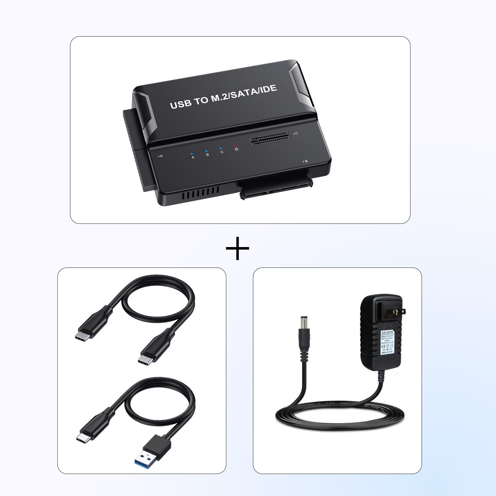 Адаптер M.2 NVMe SATA IDE на USB 3.2 Type-C для HDD SSD с вилкой US и двойным кабелем