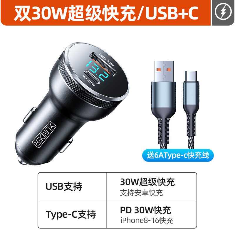 Автомобильное зарядное устройство 30Вт с двумя портами USB-C и кабелем 6А - поддерживает быструю зарядку для всех