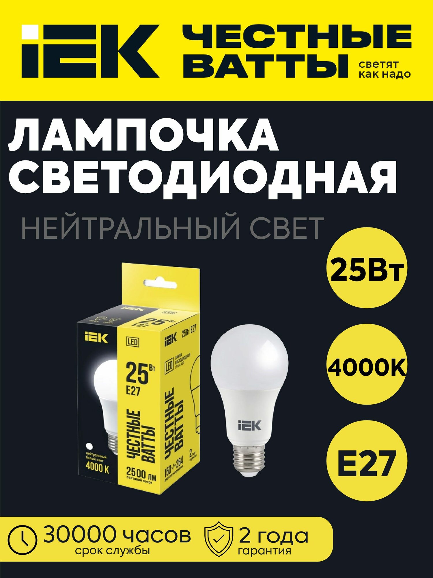 Лампа светодиодная A80 груша 25Вт 230В 4000К 2500лм E27 IEK LLE-A80-25-230-40-E27