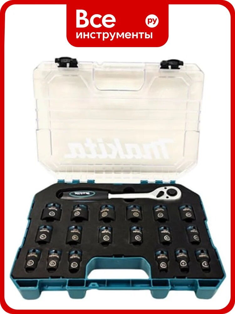 Набор трещотка + торцовые головки Makita 1/2 (8-27 мм) 19шт E-30069