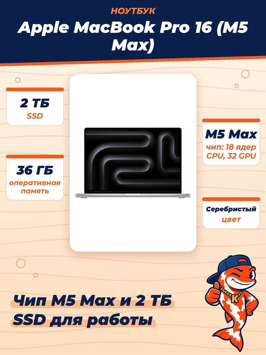 Ноутбук Apple MacBook Pro 16 (M5 Max 18C CPU, 32C GPU, 36Gb, 2Tb SSD), mge74, Silver (Серебристый)