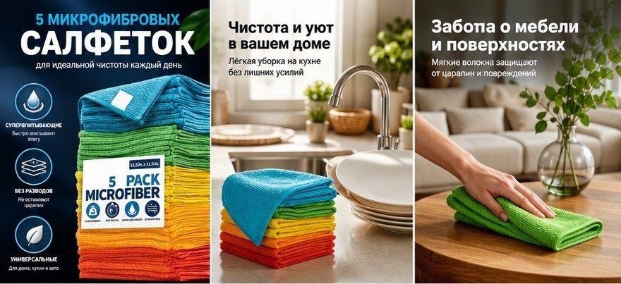 Салфетки для уборки, multi color, Артикул: 5579948763, Материал: Микрофибра