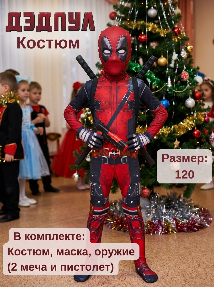 Костюм Дэдпул для ребёнка, размер 120, с маской и оружием, красно-синий, для утренника и праздника