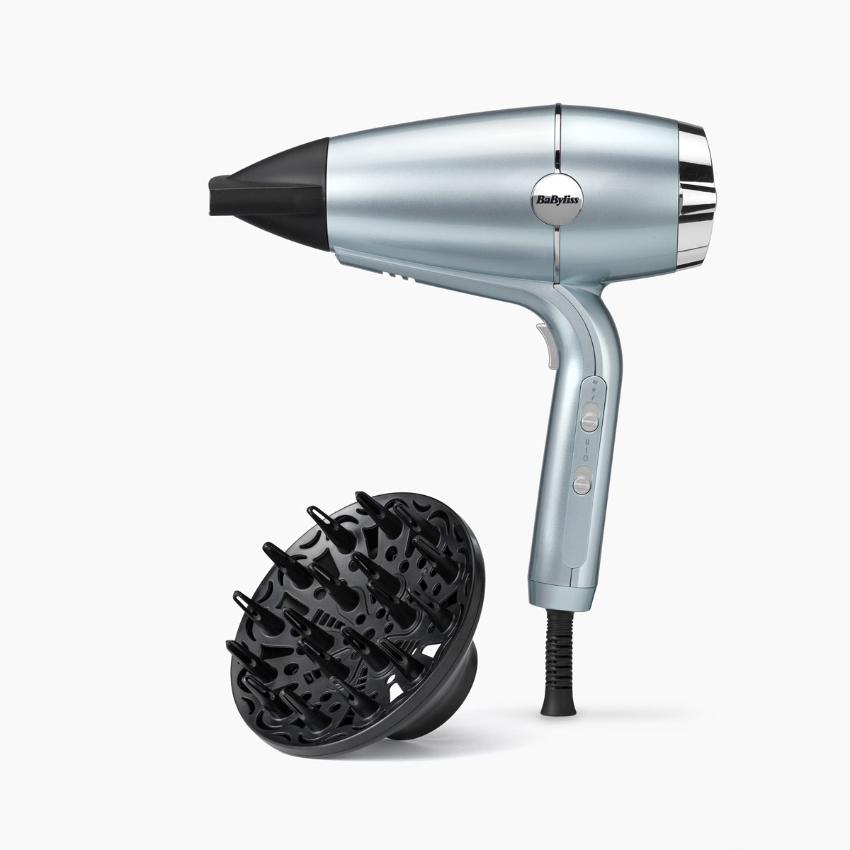 Фен для волос BaByliss D773DE Hydro Fusion, 2100 Вт, ионизация Advanced Plasma, 3 режима нагрева и 2 скорости, холодный обдув, диффузор и концентратор, голубой