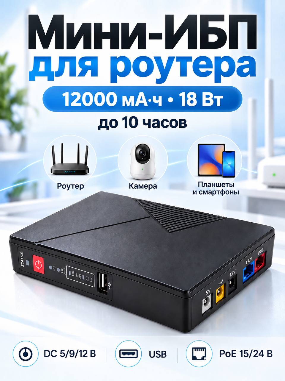 Источник бесперебойного питания для роутера и видеонаблюдения 5/9/12v 12000mah 18w