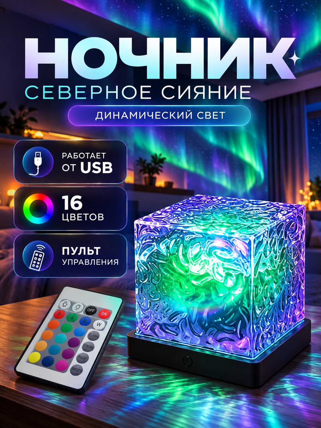 Ночник куб светодиодный Conflate Тюльпаны, светильник настольный, разноцветный