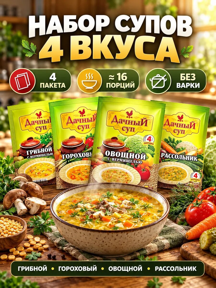 Суп быстрого приготовления набор 4 вкуса 245г — супы быстрого приготовления