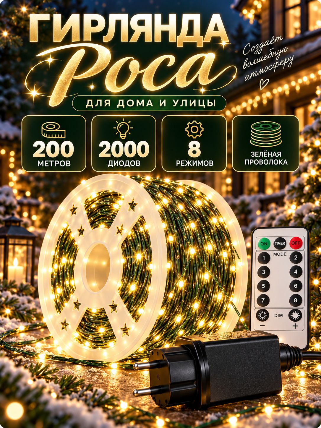 Гирлянда Роса светодиодная 200 м, 2000 LED, теплый белый, 8 режимов, с пультом
