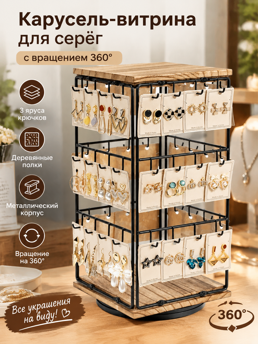 Карусель-витрина для серёг с вращением 360°, три яруса, металл и дерево, коричневый