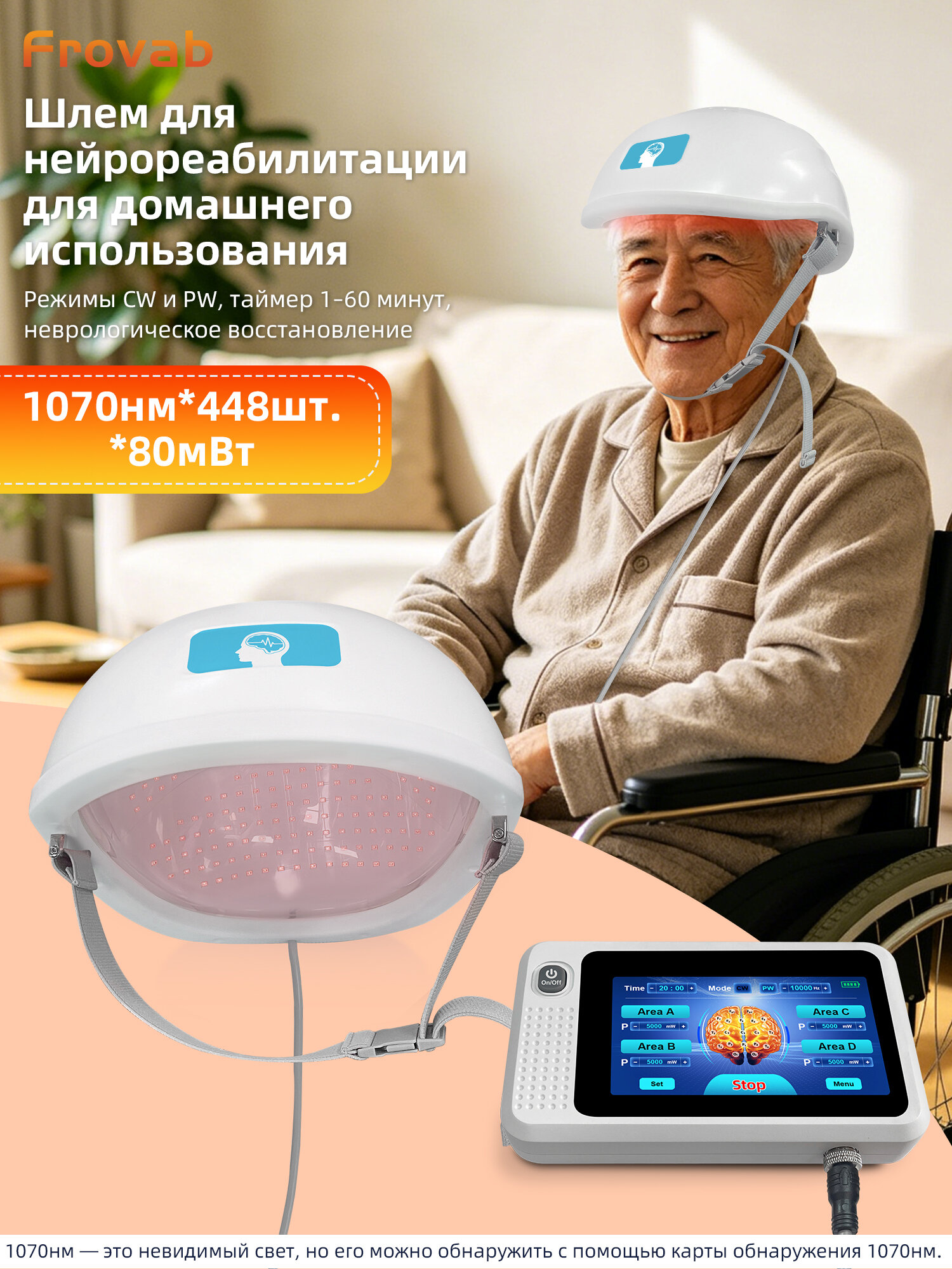 Frovab Шлем фотобиомодуляции 1070нм 448 диодов, терапия инсульта, Паркинсона, Альцгеймера, улучшение когнитивных функций