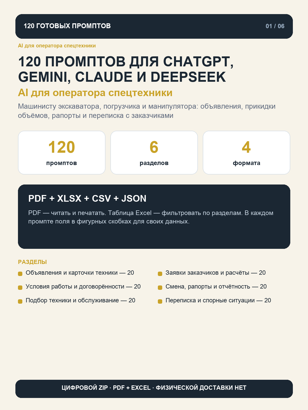 AI для оператора спецтехники: 120 промптов для ChatGPT, Gemini, Claude и DeepSeek, цифровой ZIP