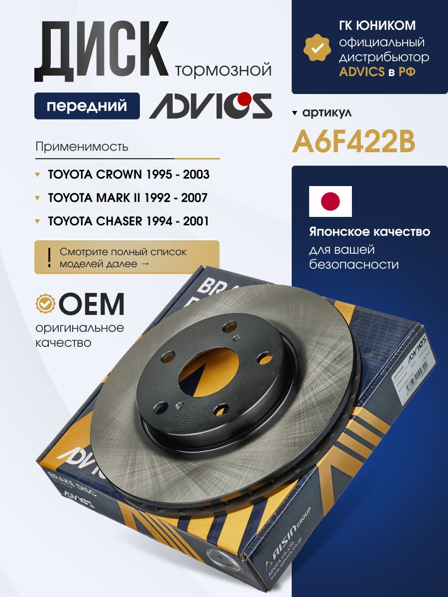 Диск тормозной передний TOYOTA MARK 2 / CRESTA / CHASER X100 (96-01) ADVICS A6F422B