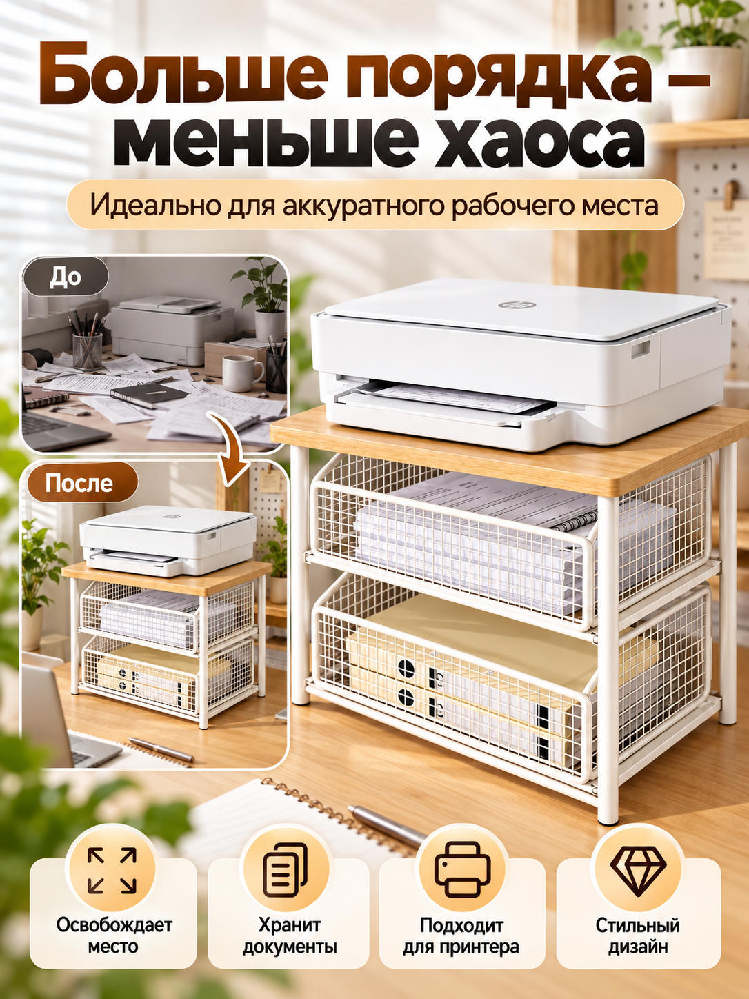 Подставка для принтера 2-ярусная с сетчатыми ящиками, деревянная полка с металлическим каркасом, для офиса и дома