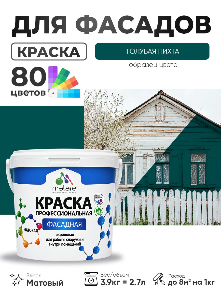Краска Malare Professional фасадная по дереву, бетону и штукатурке, для камня и кирпича, без запаха, матовая, голубая пихта, (2.7л - 3.9кг)