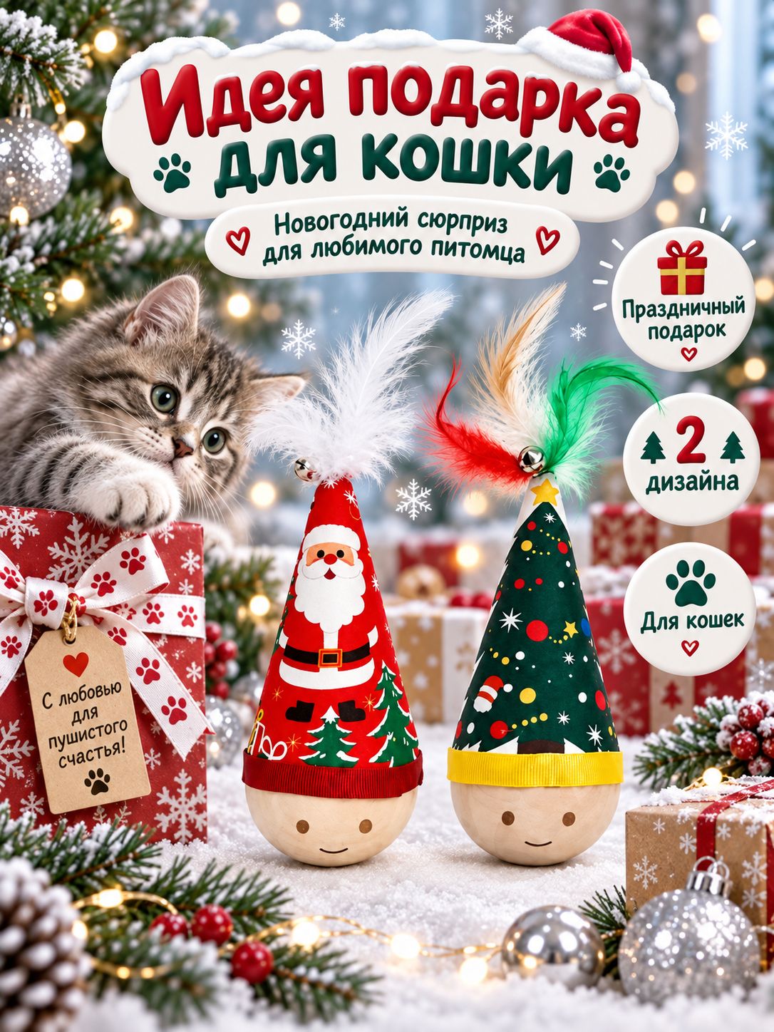 Рождественский набор игрушек для кошек 2 штуки, неваляшка с перьями и звонком, развлечение для питомца, новогодний презент