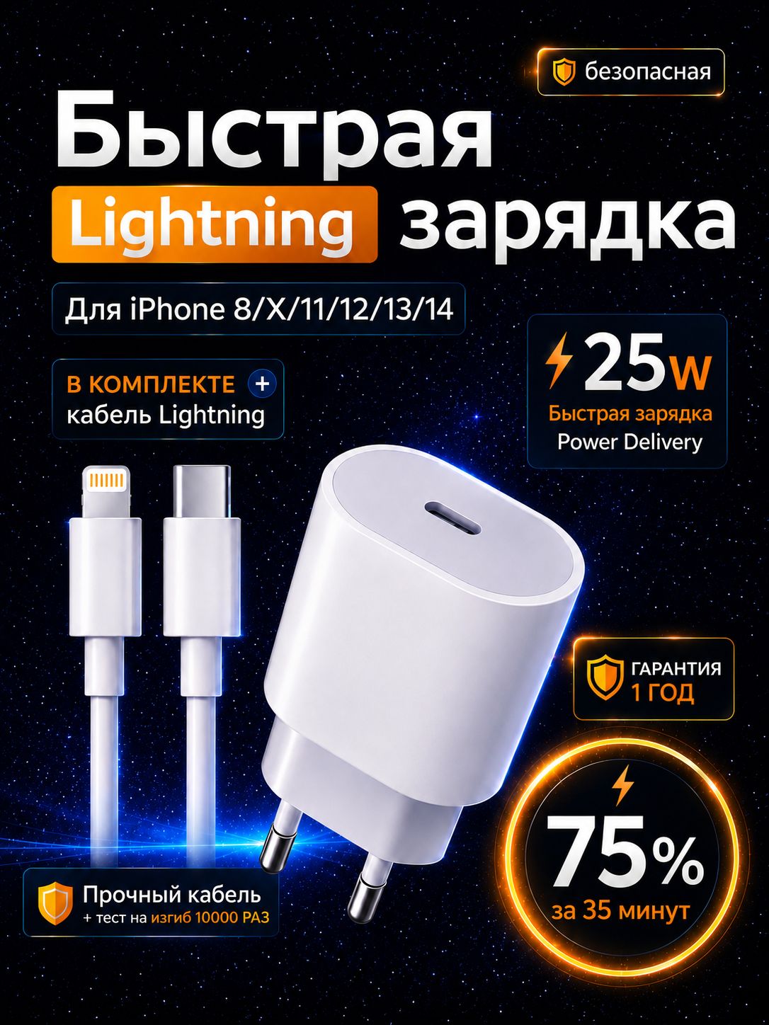 Зарядка для iPhone Lightning с блоком, быстрое зарядное устройство на айфон с 25W