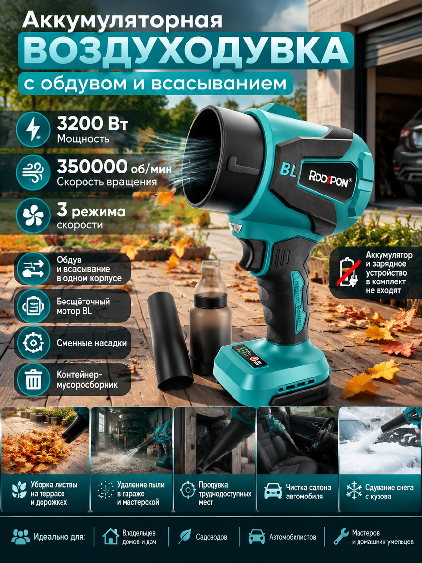 Аккумуляторная воздуходувка 3200 Вт с обдувом и всасыванием, 3 режима, турбина BL, без зарядки