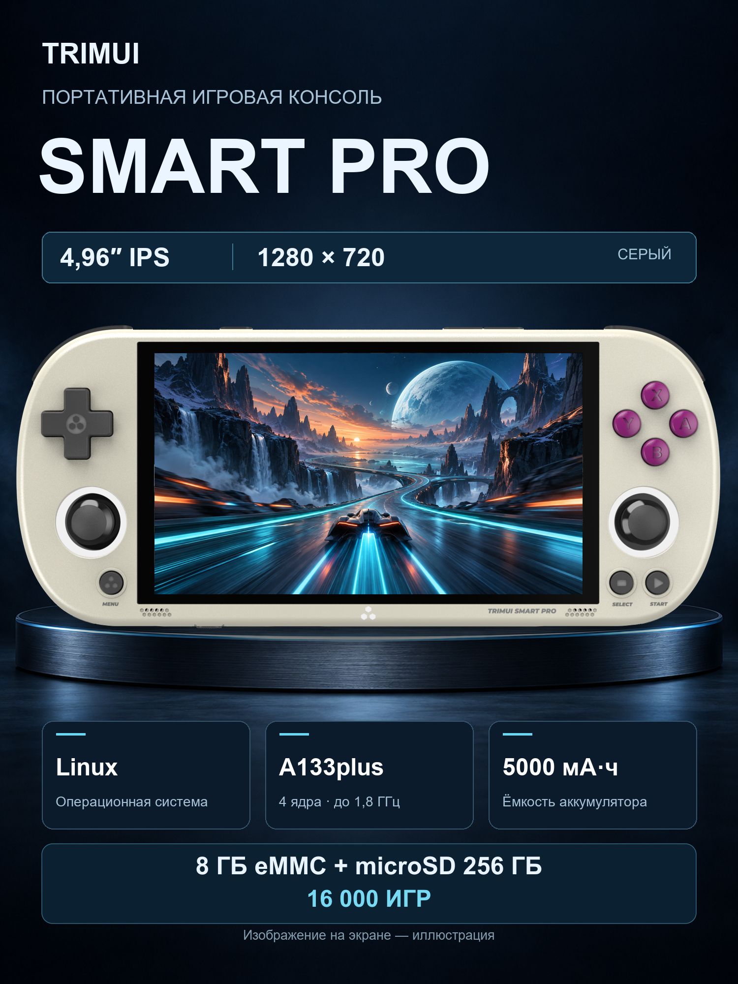 TRIMUI Портативная игровая консоль Smart Pro, экран 4,96 IPS, 8 ГБ eMMC, карта microSD 256 ГБ, 16 000 игр, серый
