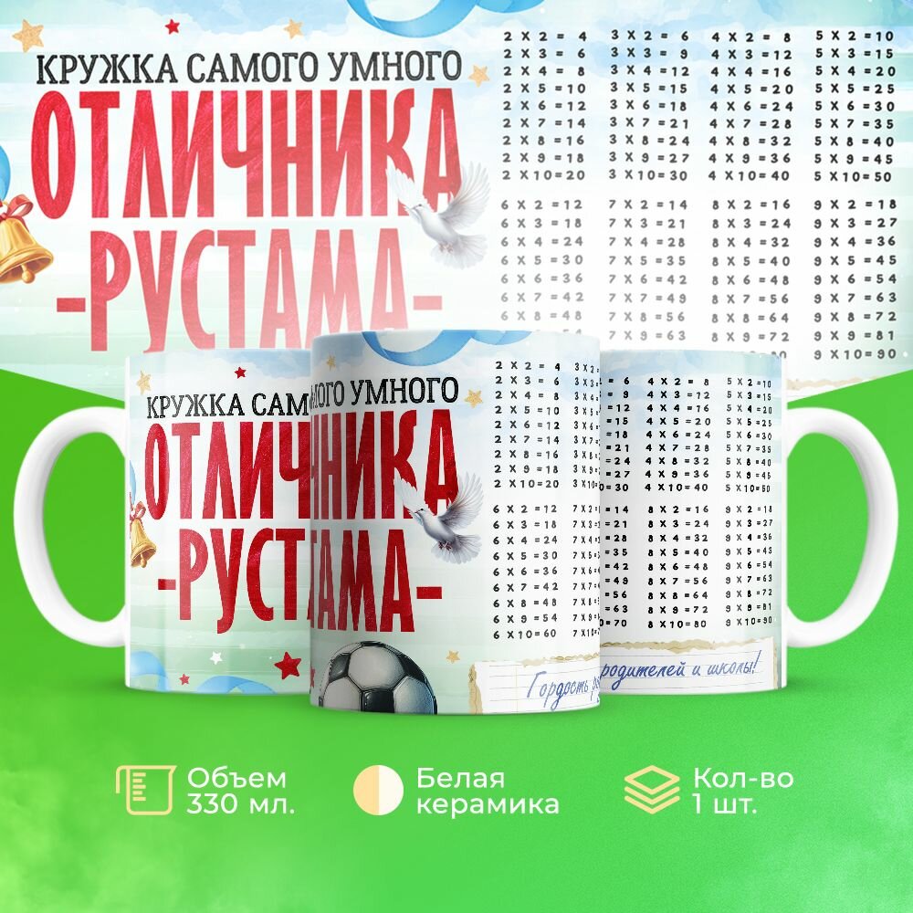 Кружка школьнику с таблицой умножение и именем Рустам