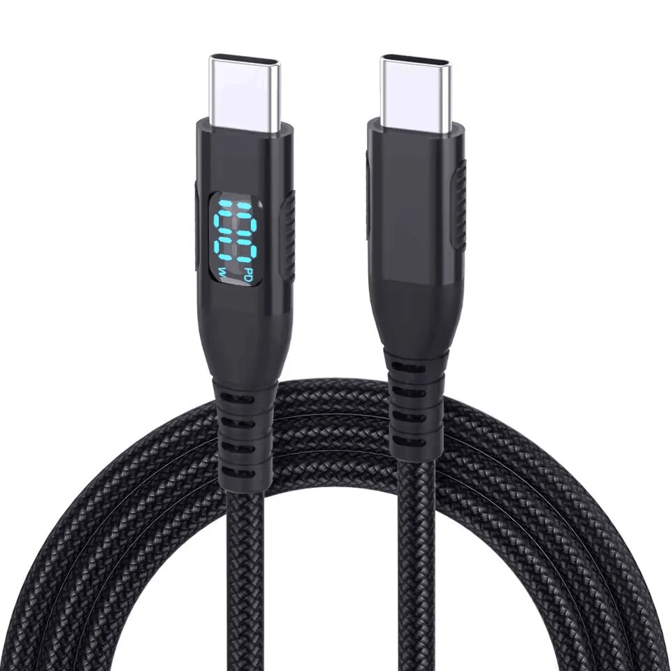 Кабель Type-C на Type-C 2м, 100W, Черный, LED-дисплей