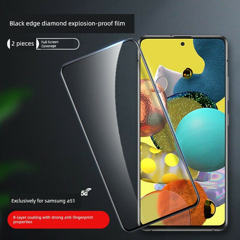 Самсунг A51-5G полный экран закаленное стекло, 2.5D скругленные края, черная рамка, HD