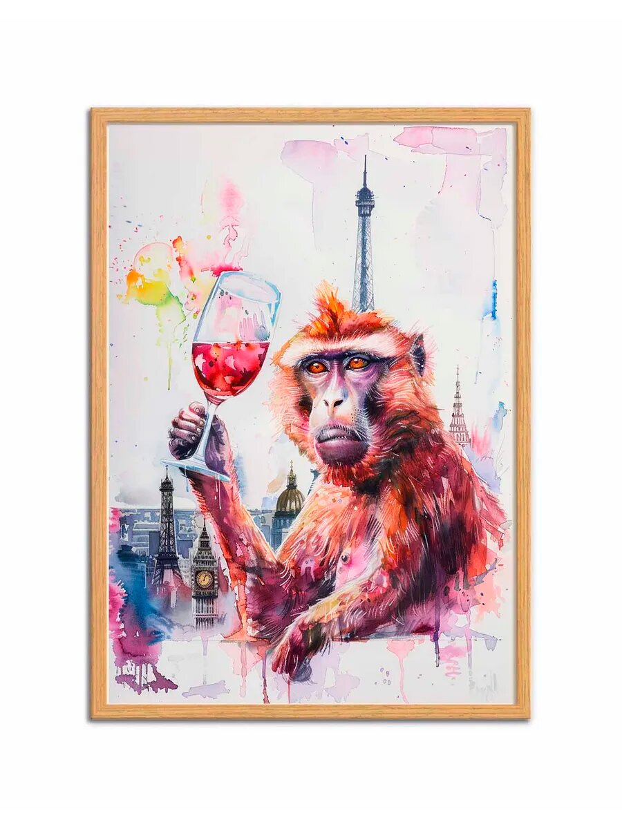 Животное-бабуин Пьет вино 1, Плакат 30x42см