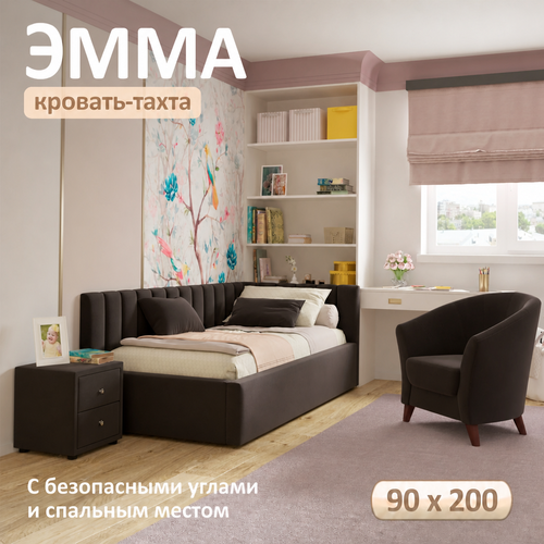 фото Кровать-тахта эмма 90х200 односпальная шоколад, мягкая спинка из велюра, с ортопедическими ламелями zeppelinmobili