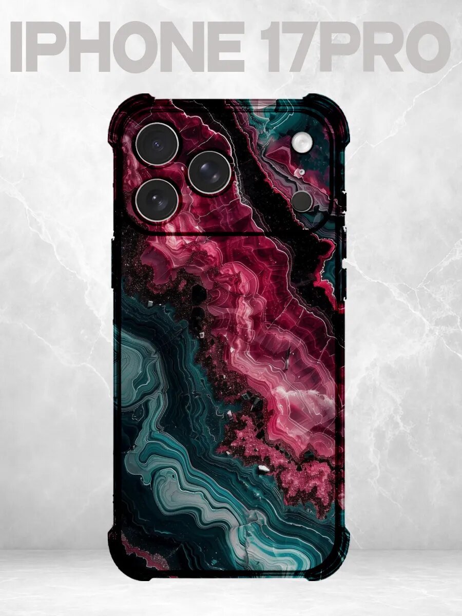 Чехол на iPhone 17 Pro мрамор розово-бирюзовый