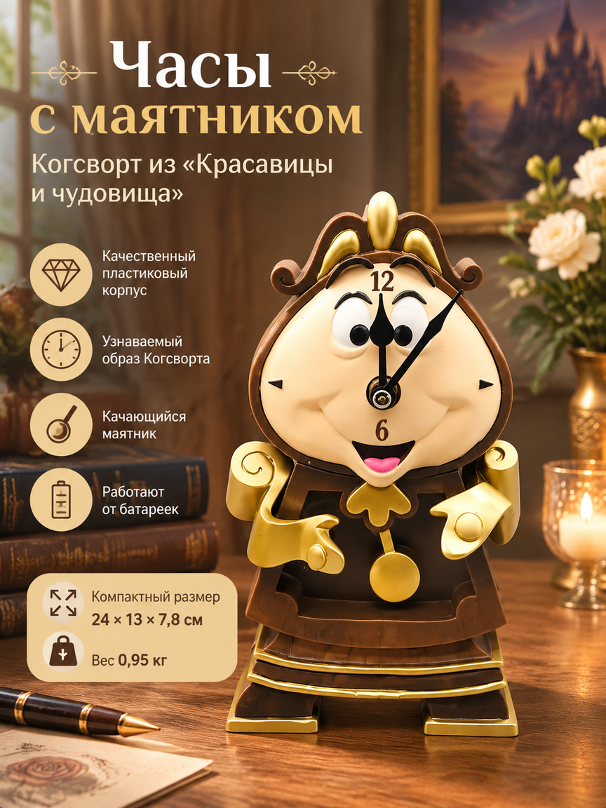 Часы с маятником Когсворт из Красавицы и чудовища, настольные, коричневый пластик, 24 см