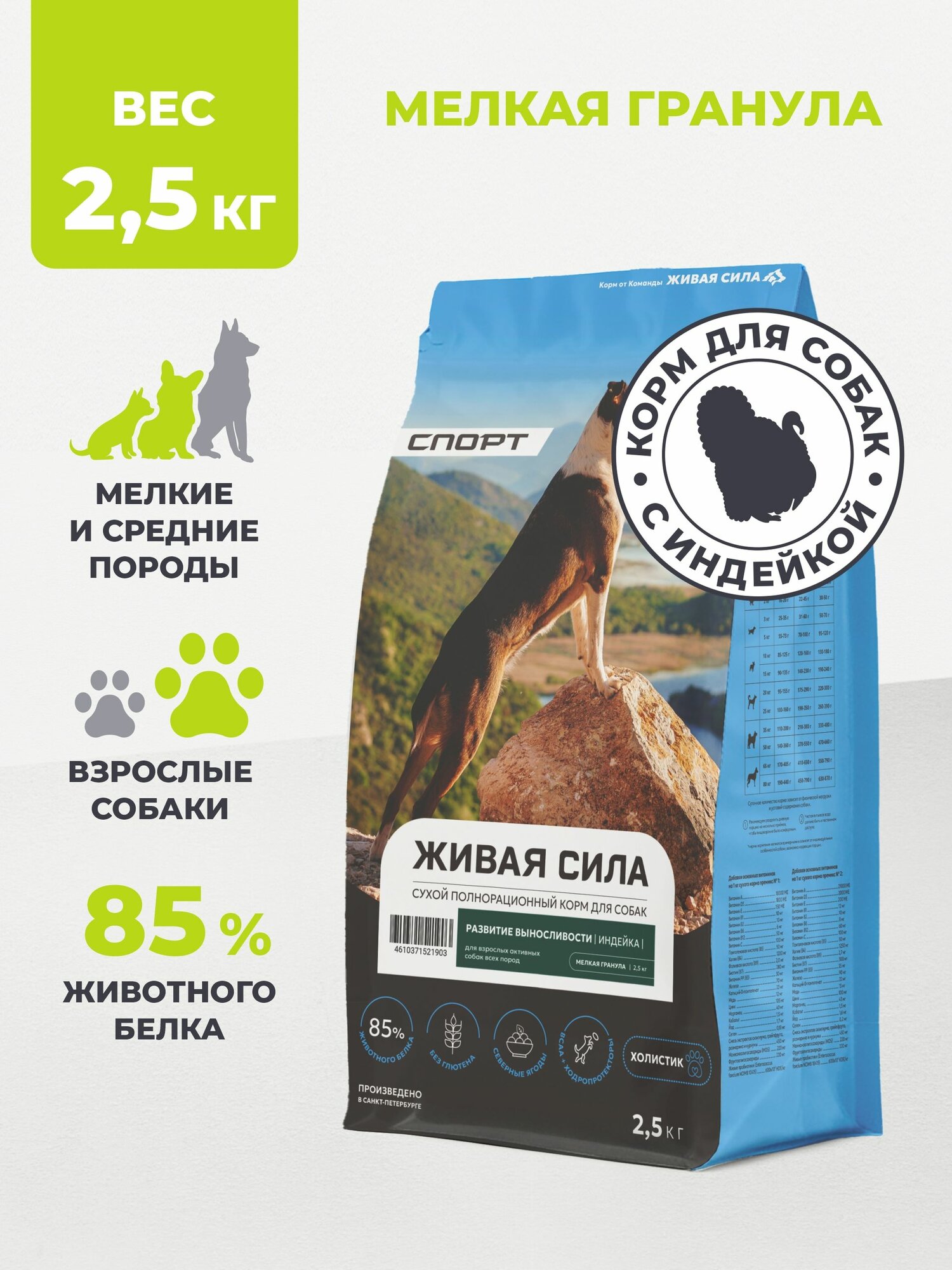 Корм для собак сухой живая сила / Корм для собак сухой мелких пород 2,5 кг с индейкой мелкая гранула