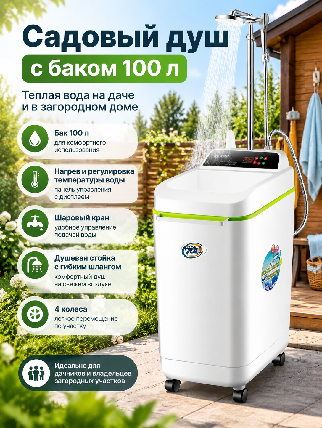 Садовый душ с баком 100 л, нагрев воды, терморегулятор, шаровый кран, колеса для дачи