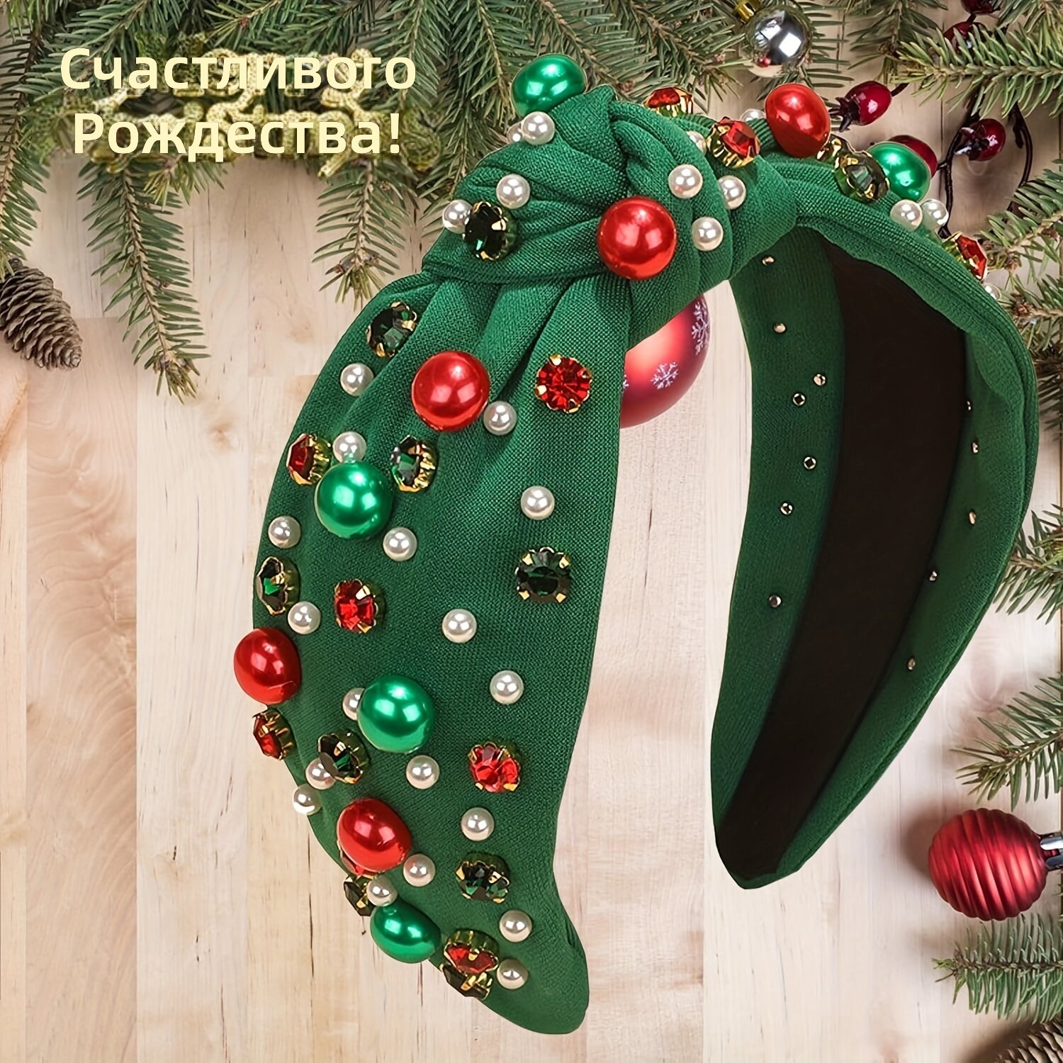 Женский ободок для волос со стразами и бантом, ярко-зеленый