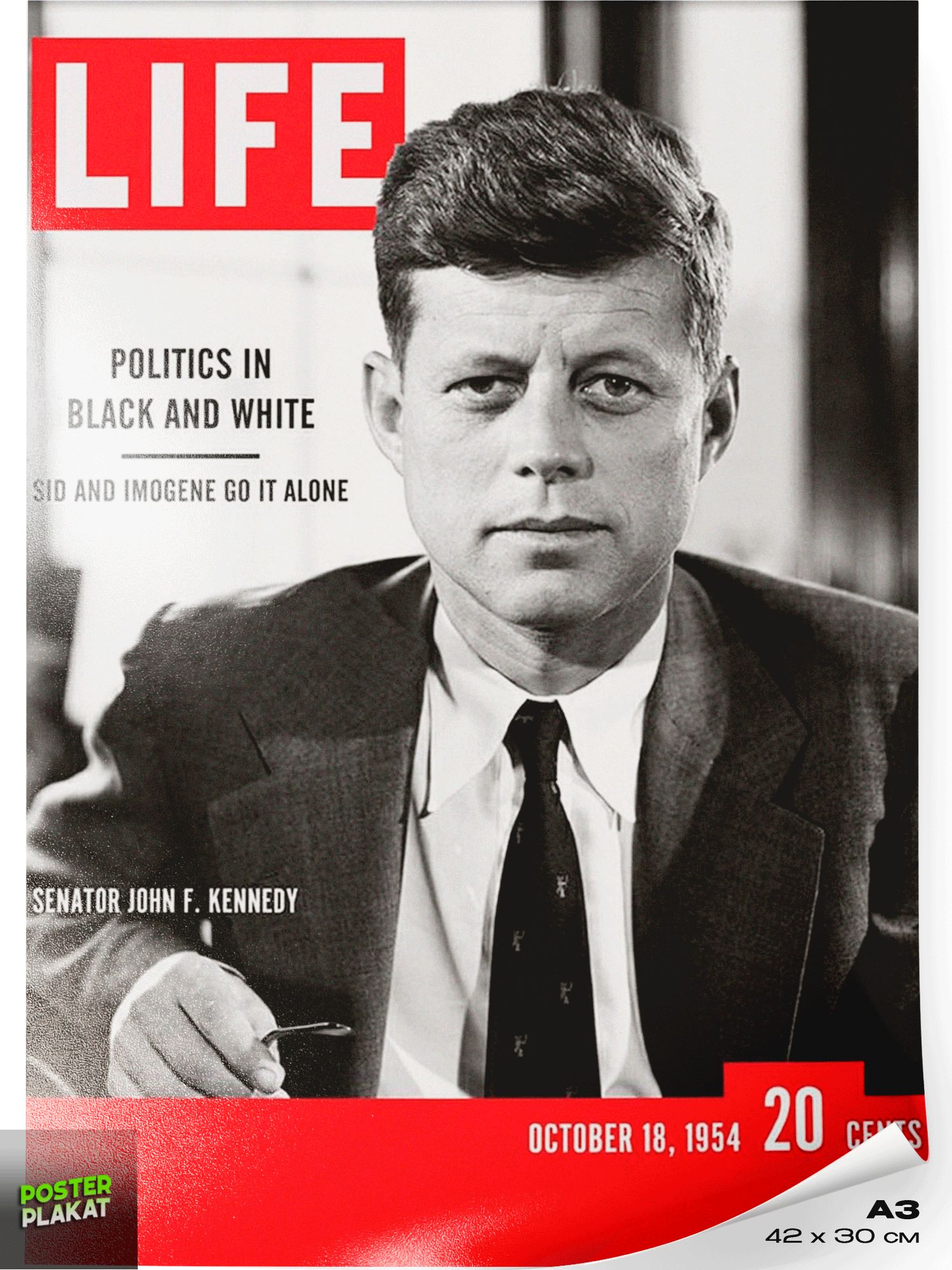 Постер Джон Кеннеди (John F. Kennedy), обложка журнала LIFE, винтажный плакат на стену для интерьера, для дома и офиса, А3 (420х297 мм), ПП