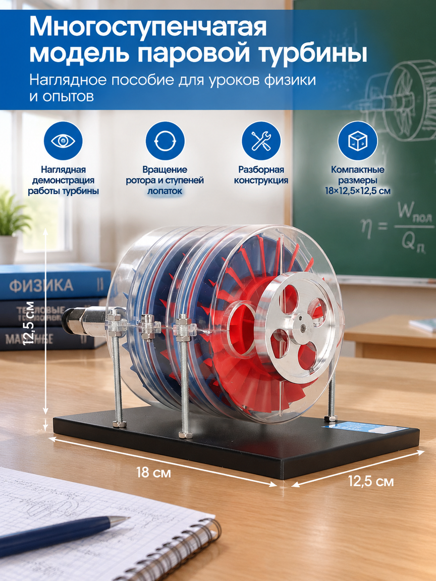 Многоступенчатая модель паровой турбины 18×12,5×12,5 см, наглядное пособие для уроков физики