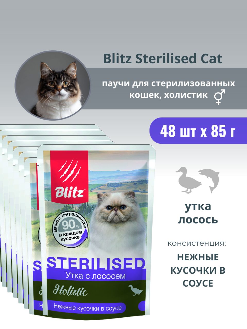 BLITZ консервированный влажный корм Holistic Sterilised Cat Duck & Salmon для кошек, утка с лососем в соусе , (48 шт по 85 г)