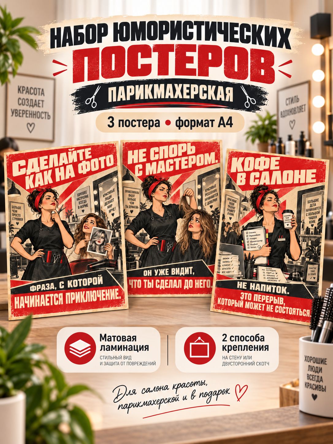 Постеры на стену A4 3 шт для парикмахерской ретро