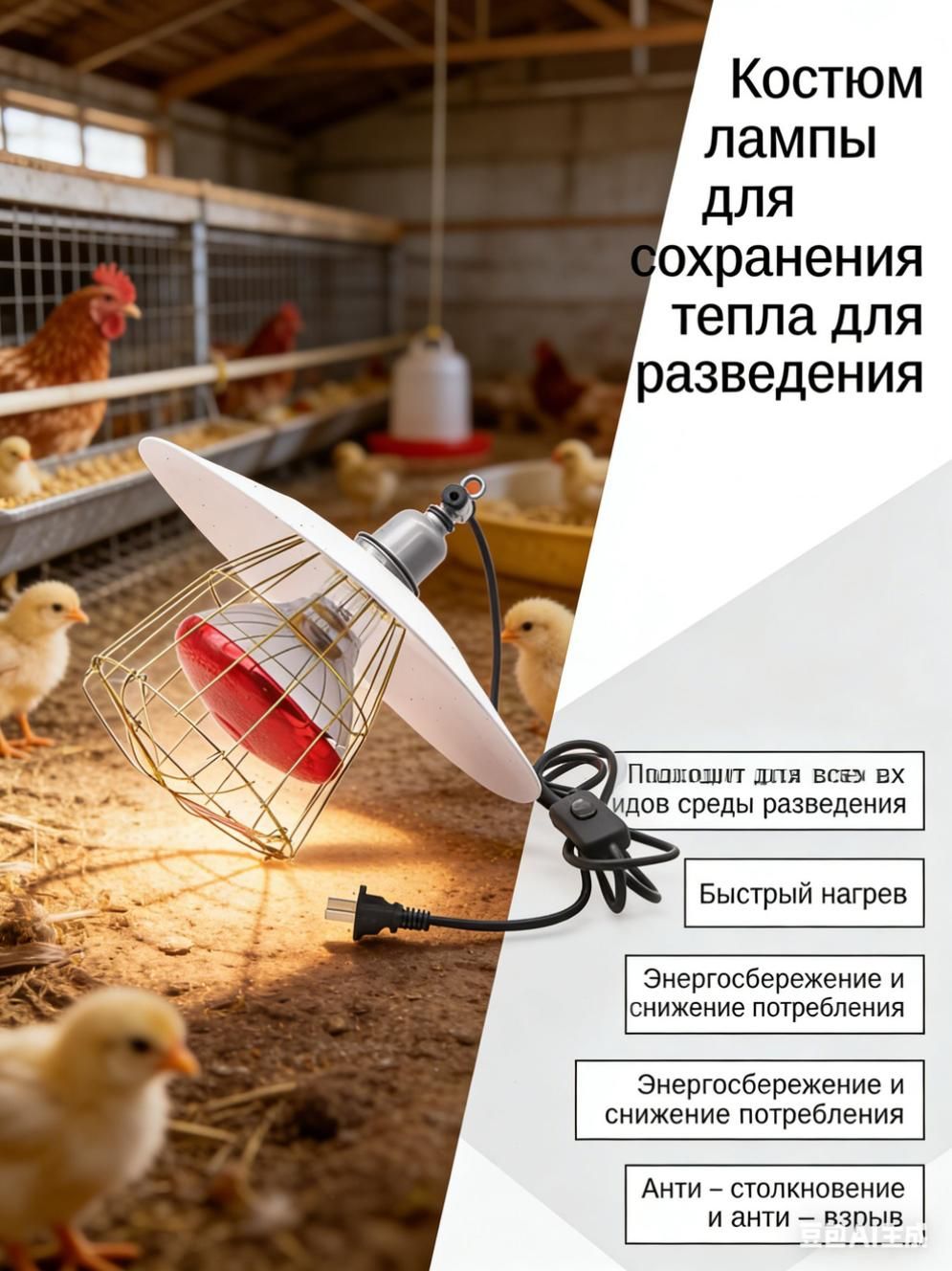 GEALFIS Безопасный абажур для обогревательной лампы в курятнике, E27, керамический патрон 250Вт, металлоотражатель, для цыплят