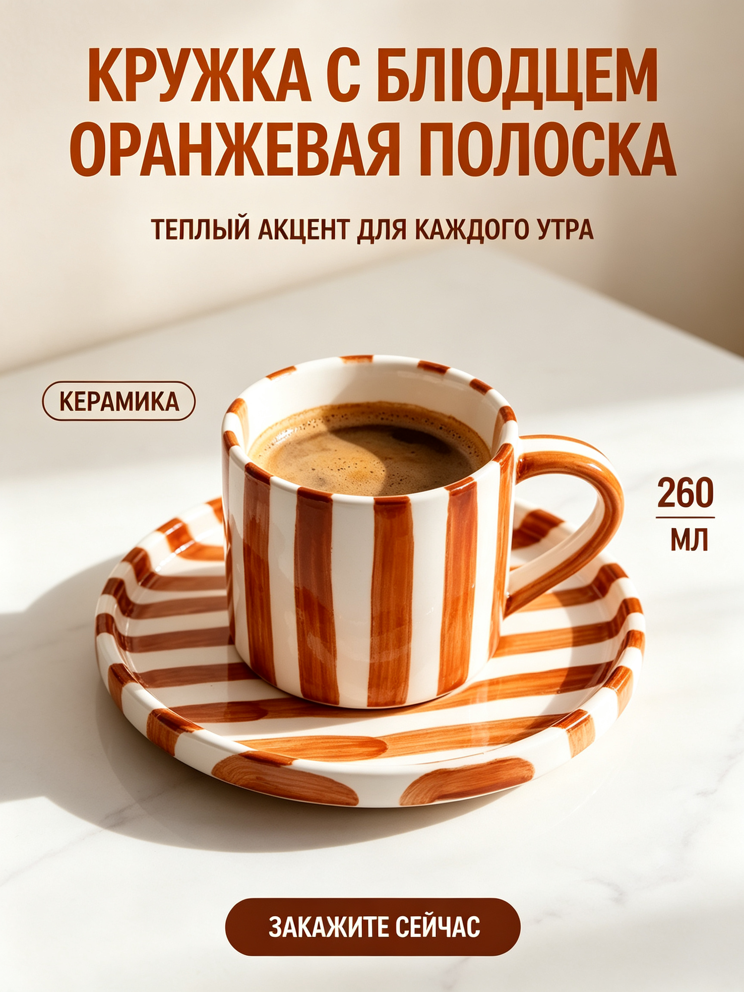Керамическая кружка с блюдцем, ручная роспись, объем 260 мл, оранжево-белая в полоску, подарочный набор для дома