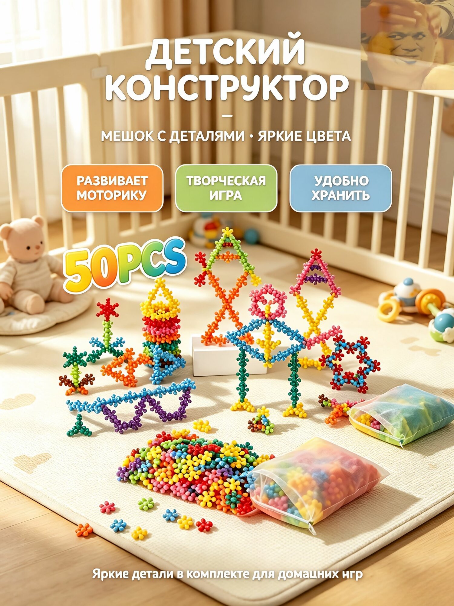 Конструктор для мальчика и девочки 3д пластиковый / Конструктор для малышей развивающий звездочки, молекулы, 150 деталей набор