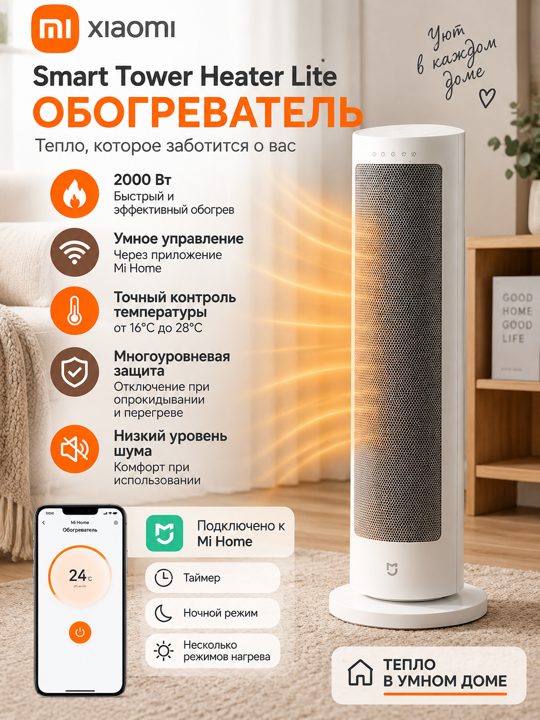 Обогреватель Xiaomi Smart Tower Heater Lite, 2000 Вт, умный, вертикальный