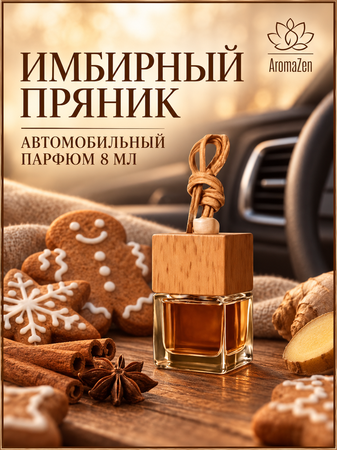 AromaZen Ароматизатор в машину Имбирный пряник, стойкий парфюм в авто 8мл