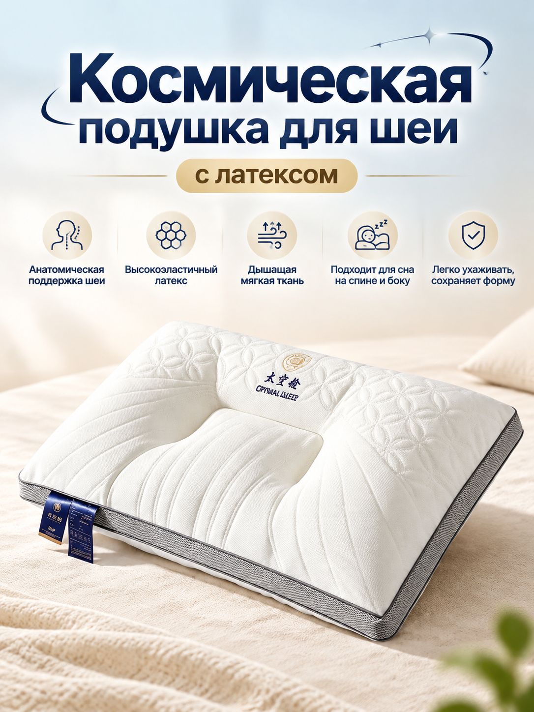 Ортопедическая подушка 40x60 см, микрофибра, высота 7 см, с латексным наполнителем, анатомическая поддержка шеи