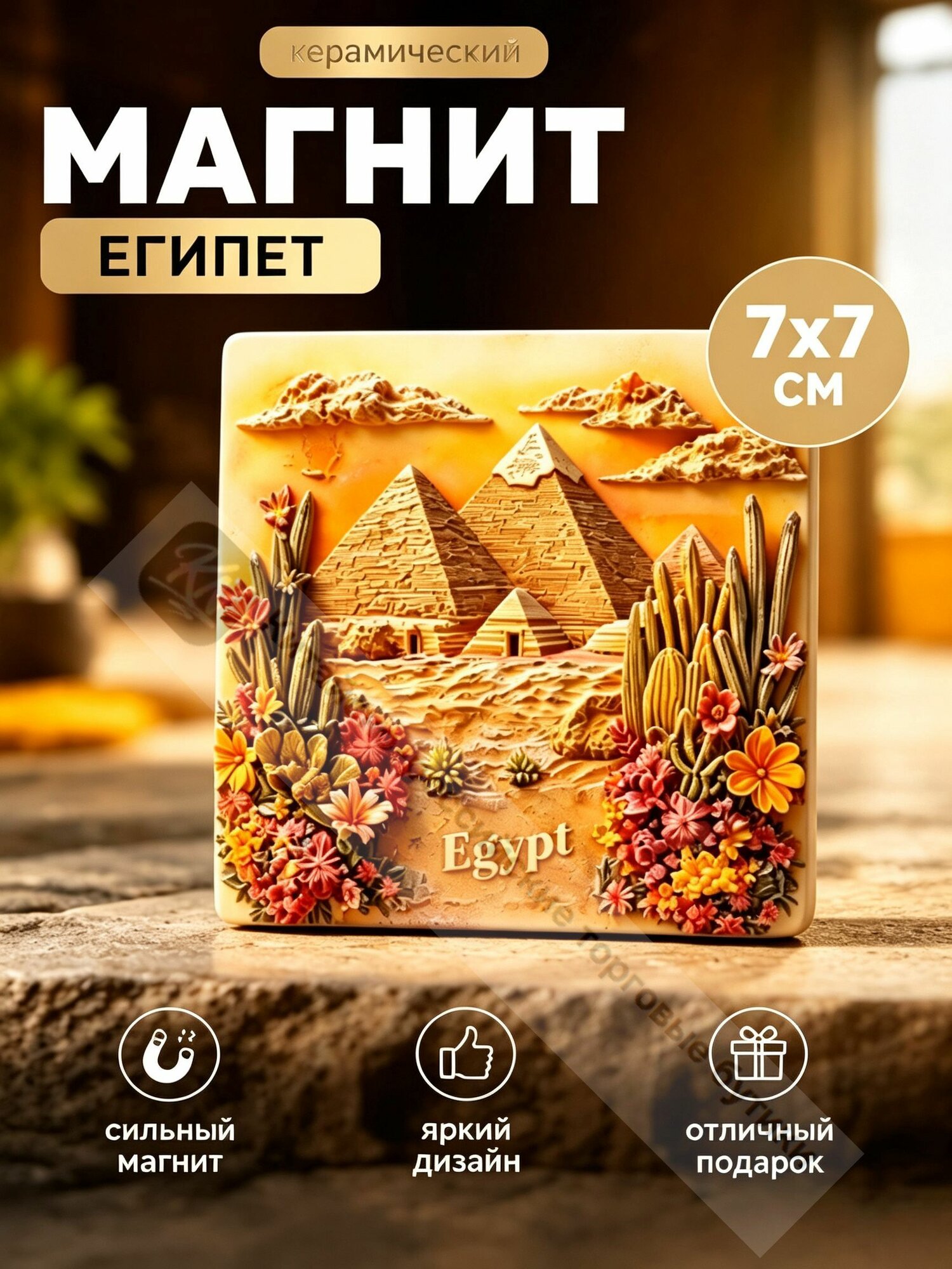 Сувенирный магнит Египет Пирамиды керамический на холодильник 7*7см