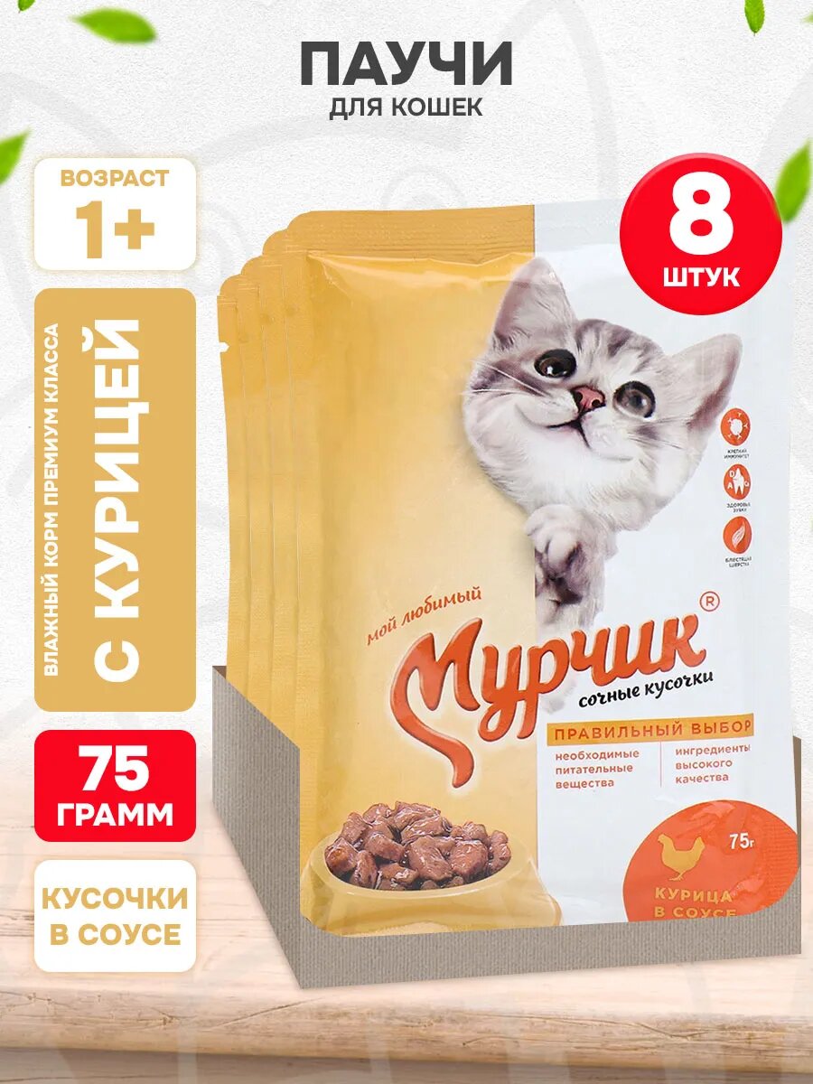 Корм влажный Мурчик для взрослых кошек, курица, 75 г 8 шт