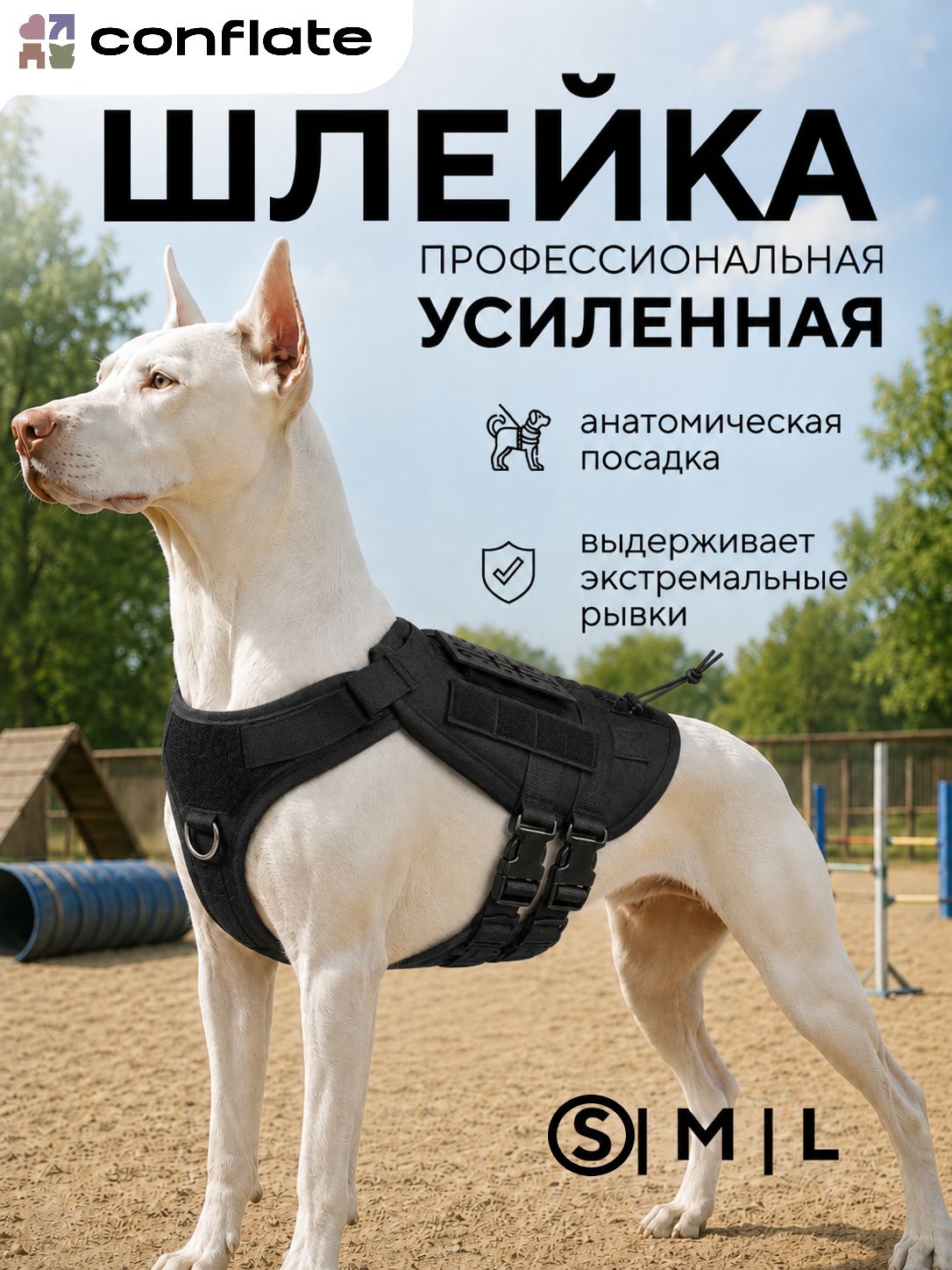 Conflate Шлейка для собак средних пород и крупных пород, анатомическая, усиленная, тактическая, размер S, черная