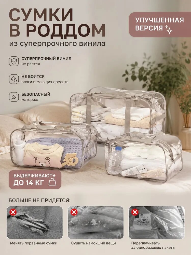 Сумка в роддом прозрачная 3 шт для беременных набор (большая + 2 средние сумки) плотность - 160 микрон