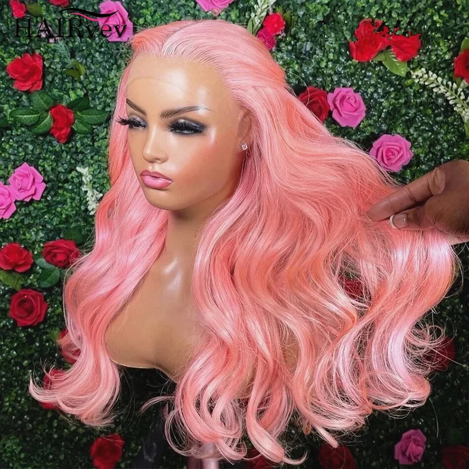 Розовые парики из натуральных волос hairvev 13x6 Body Wave 36 дюймов, 180%, 13x6 HD Frontal Wig