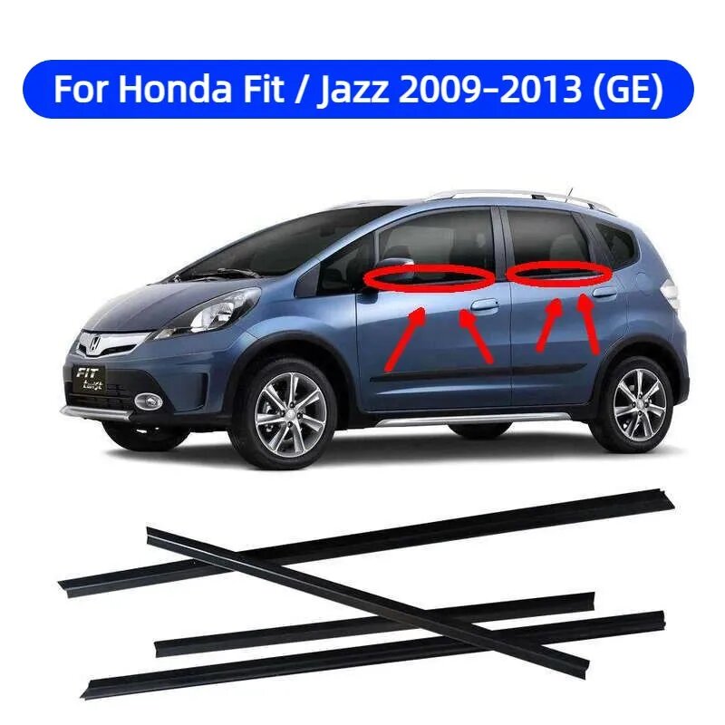 Наружные уплотнители стёкол дверей для Honda Fit / Jazz 2009-2013, левый руль, комплект 4 шт, водоотталкивающие молдинги окон