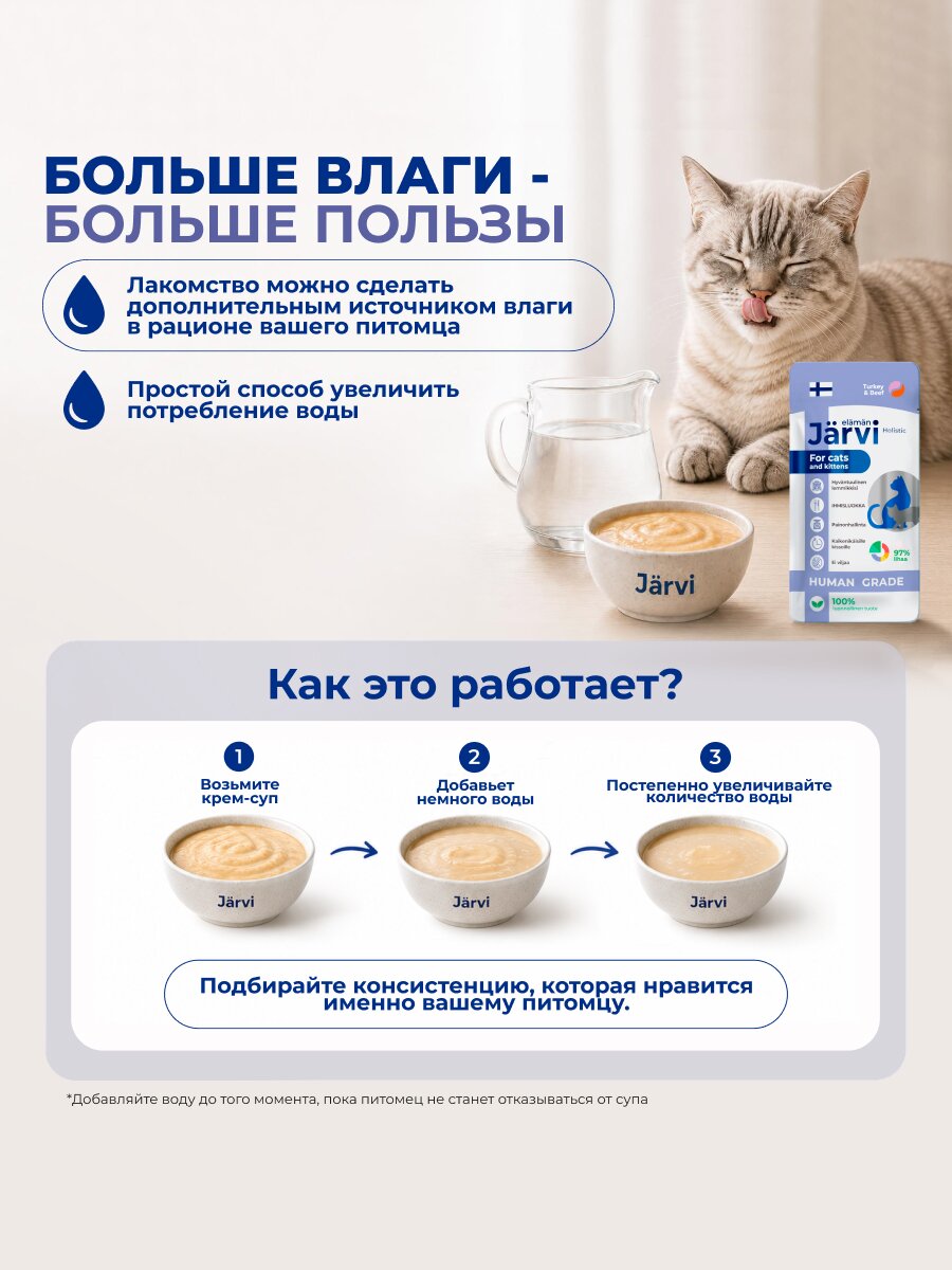Лакомства Jarvi для кошек и котят "Крем-суп с мясом индейки и говядины", 15 г х 24 шт. — фото 1
